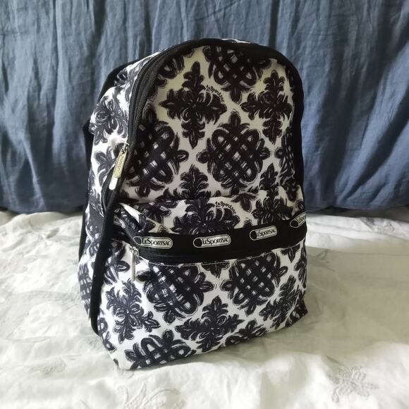 LeSportSac Floral Print Backpack Black White Nylon Geometric LARGE Pockets Strap - Picture 3 of 10